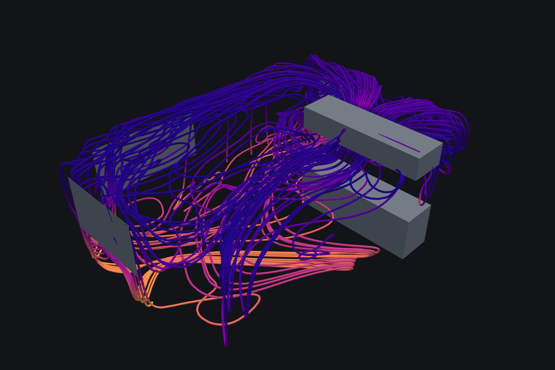 Kitchen CFD scene with furniture geometry and streamtubes colored by velocity